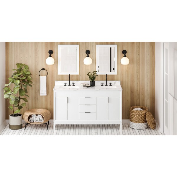 Jeffrey Alexander 60In. White Theodora Vanity, Dbl Bowl, Calacatta Vienna Quartz Vanity Top, 2 Undrmnt Rctngl Bowls VKITTHE60WHCQR - main